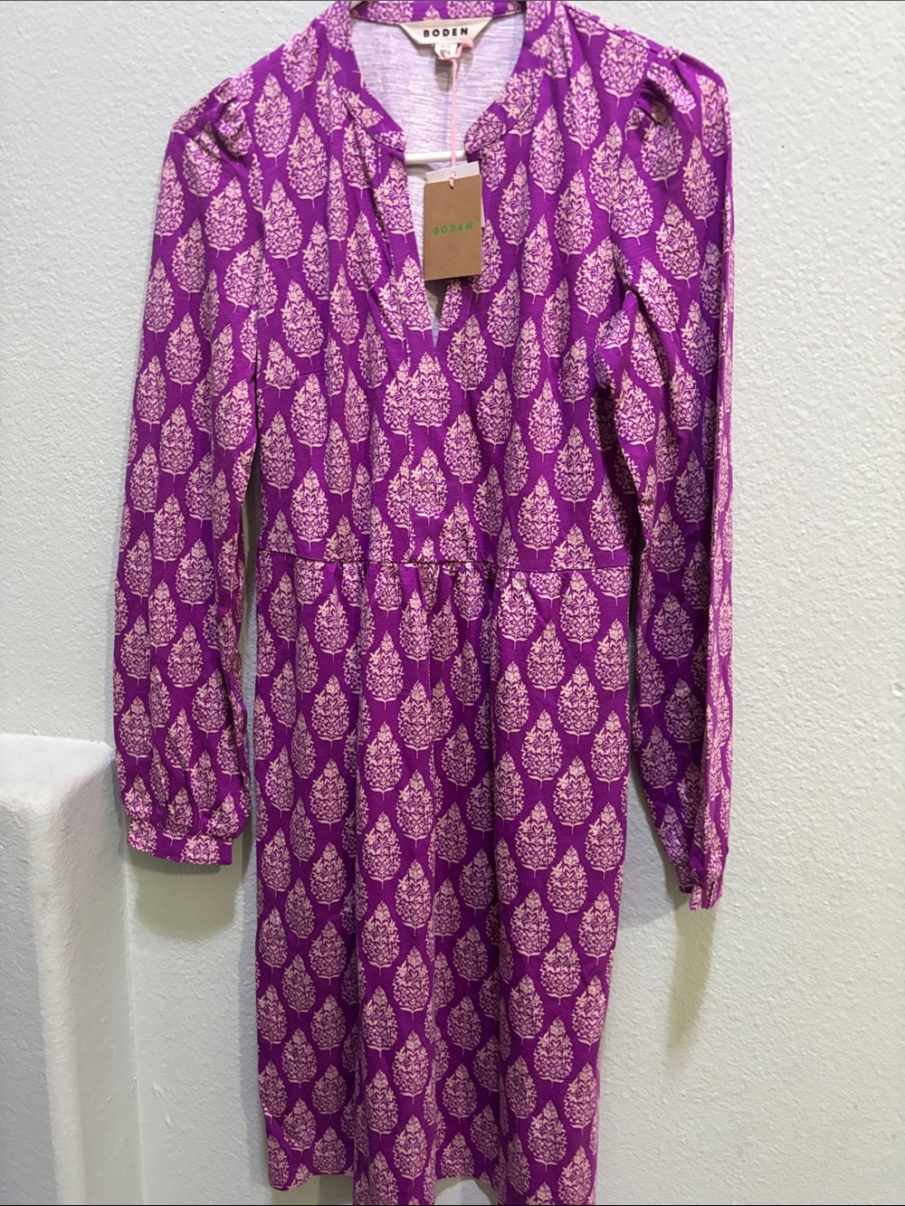 Boden Purple and Cream Printed Long-Sleeve Midi Dress